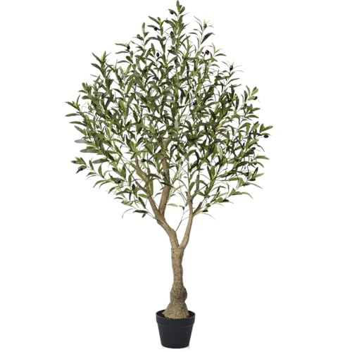 VeriNatural Olivenbaum Künstlich Kunstpflanze 150cm Fake Plant Kunststoffpflanzen Künstlicher Pflanzen – 1012 Blätter & 48 Oliven UV-beständig Stabiler Topf – Deko für Wohnzimmer Balkon Büro