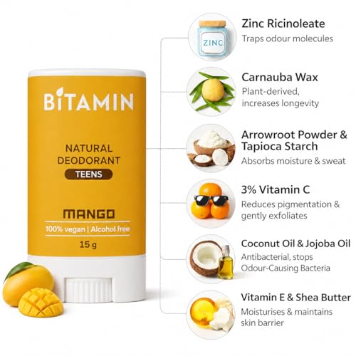 Image of BiTAMIN Mango Natural Deodorant for Kids & Teens | Stick for girls & boys with added 3% Vitamin C & E | Alcohol & Parabens free Teen Skincare | Odour Control | Long Lasting & Vegan 15g (Pack of 1)