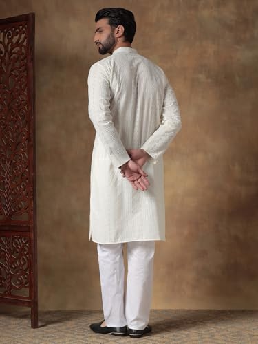 Image of Men's Solid Regular Fit Ethnic Wear White Kurta Pajama Set with Front Pocket
