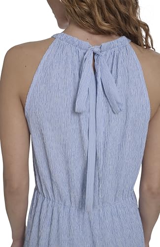 Image of Tommy Hilfiger Women's Sleeveless Halter Neck Seersucker Tiered Skirt Maxi Dress