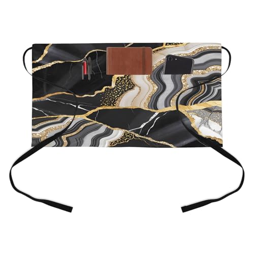 IRISDECOOOR Black Gold Marble Half Waist Apron Glitter Geometric Marble Foil Texture Short Waiter Aprons with 3 Pockets for Women Men Kitchen Restaurant Cooking