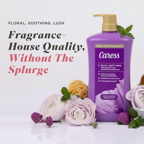 Image of Caress Black Orchid & Patchouli Oil Body Wash with Pump, Hyaluronic Acid & Vitamin B3 for Moisturized, Silky Soft Skin, Long-Lasting Exotic Fragrance, 30 fl oz (4 Pack)