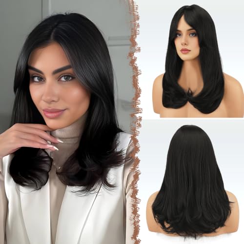 FESHFEN Black Wigs with Curtain Bangs Medium Length Layered Wig for Women