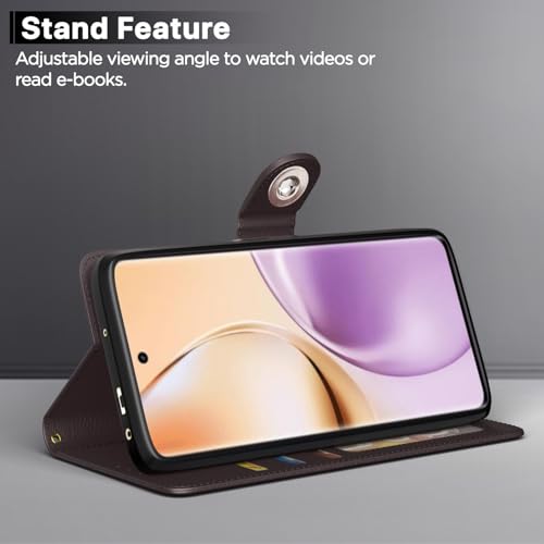 Image of Pikkme Flip Cover Leather Finish | Inside TPU with Card Pockets | Wallet Stand and Shock Proof | Complete Protection Button Flip Case for Realme 14 Pro 5G(Coffee)