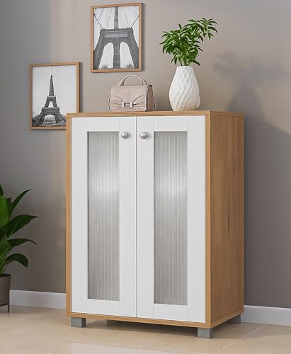 Image of 2-Door Engineered Wood Shoe Rack, 4-Tier Wooden Shoe Rack for Entryway, Shoe Storage Cabinet with Doors Adjustable Shelves, Wooden Shoes Rack Organizer