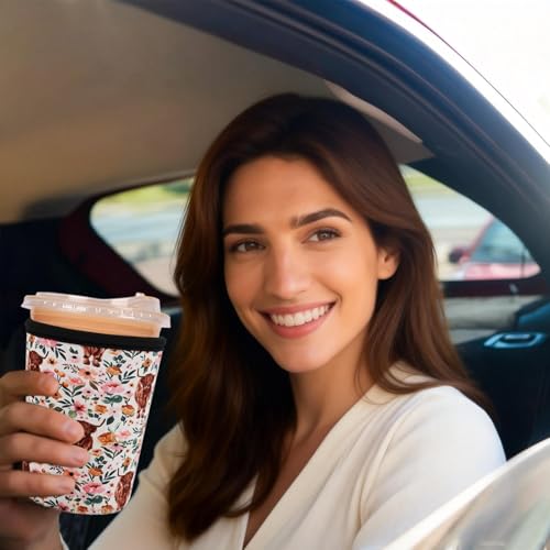 Image of Reusable Insulated Sleeve for Iced Coffee Cup, Coffee Neoprene Sleeve for Cold & Hot Drinks, Beverage Holder for Iced Coffee (Highland Bloom, Small: 16-18oz)