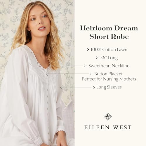 Image of Eileen West Queen Anne's Lace Womens Sleepwear & Loungewear - Heirloom Dream Collection - 100% Cotton Long Sleeve Short Robe