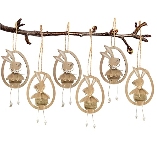 DAHI Lot de 6 Décoration de Pâques à Suspendre - Lapin de Paques Deco - Lapin en Bois - Décoration de Pâques (zuo)
