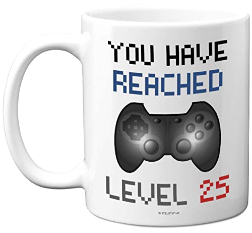 Stuff4 25th Birthday Gamer Mug - Level 25 Gamer, 11oz Dishwasher Safe Coffee Cup, Retro Video Game, Gaming Gift for Him or Her