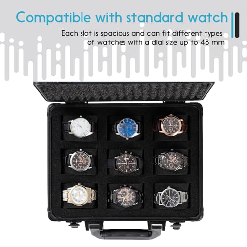 Metal Watch Box, 9-Slot Watch Case, Removable Watch Pillows, Watch Box Organizer, Gift for Loved Ones, Black aluminum，Christmas Gifts