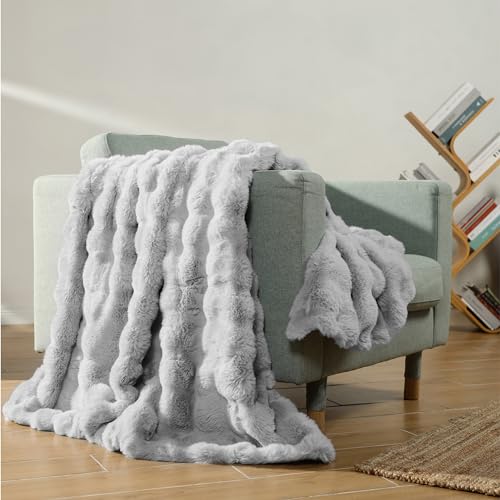 HOMELEVEL Plaid Fausse Fourrure 127 x 152 cm - Plaid Epais Tout Doux apect Fausse Fourrure de Lapin en Polyester - Couverture cocooning Salon Chambre lit...