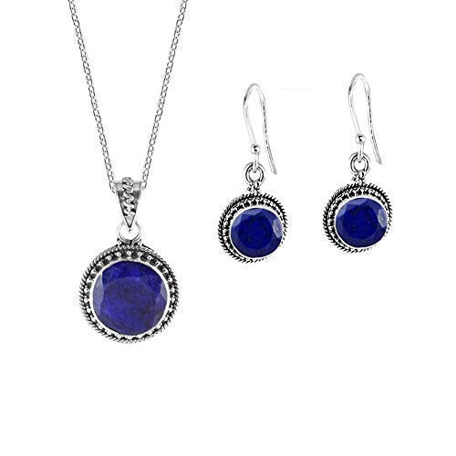 Sivalya AURORA Blue Sapphire Jewelry Set in Sterling Silver - Natural Raw Sapphire Gemstone Necklace and Earring Set - Natural Cushion Cut Sapphire Stone September Birthstone Jewelry - Gift Packaged