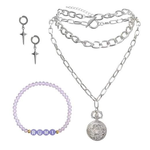 NEOVISTA Demon Hunters Rumi Jewelry Set – Chain Necklace, Cross Earrings & Elastic Glass Bead Bracelet with RUMI Letters, Fan Inspired Costume Accessories