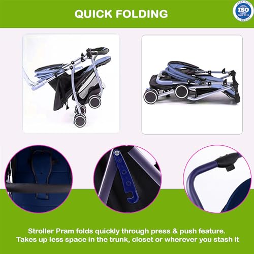 Image of Safe-O-Kid Rover Baby Stroller /Pram with 1 Year Warranty for 0 to 3 Years Travel Friendly with XL Canopy, 5 Point Safety Harness, One Hand Fold, Adjustable backrest, 360 Swivel Wheel - Blue