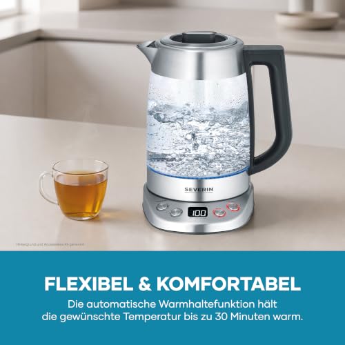 Foto von SEVERIN Glas Tee- & Wasserkocher Deluxe, Teekocher mit einstellbarer Temperatur & Ziehzeit, mit 5 Teeprogrammen & Warmhaltefunktion, max. 1,7 L Wasser, 3000 W, Edelstahl, WK 3480