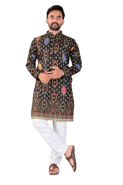 Image of Valaki Kurta Pajama Set for Men Border Printed Traditional Straight Kurta with Pyjama for Men