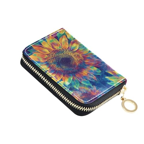 Small Women's Wallet Credit Card Protector RFID Blocking Zip Around Coin Change Purse with Zipper Colorful Sunflower Tie Dye Art