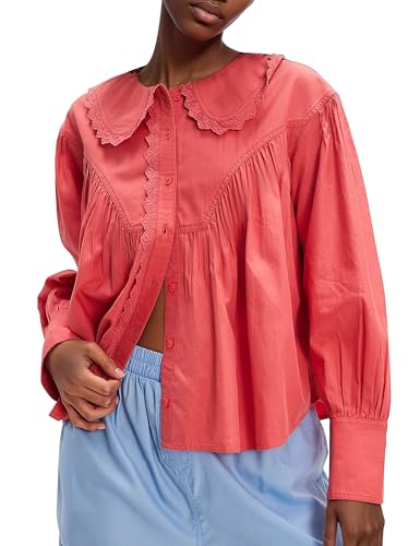 Ymejia Womens Peter Pan Collar Button Down Blouses Shirts Lace Trim Loose Fit Casual Long Sleeve Shirts Red