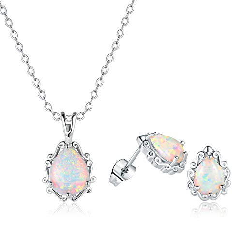 DwearBeauty Jewelry sets for Women, Silver Necklace and Earring set 18k White Gold Plated Opal Halo Pendant Necklace and Stud Earrings for Women