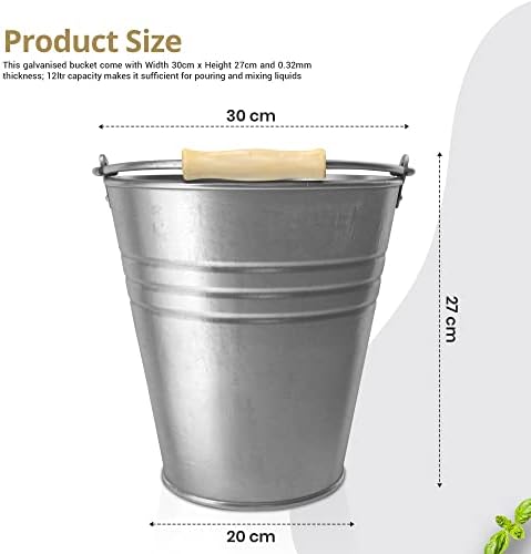 Metal Bucket Galvanised Steel Bucket 12L strong with Wooden Handle for Cleaning Garden Storage Hot Ash Garden Waste Plant Pots Cooler Bucket for domestic Indoor Outdoor Multipurpose Use