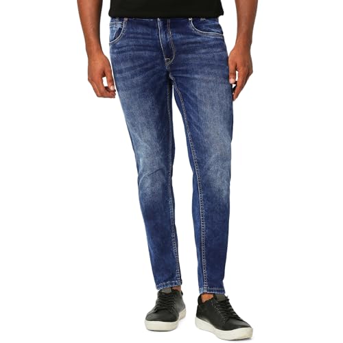 Image of MUFTI Men's Mid Blue Ankle Length Stretch Jeans