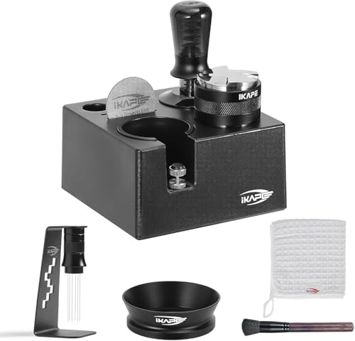 IKAPE 58 mm Espresso-Werkzeugset schwarz 8-in-1: Kaffeetamper Verteiler Magnettrichter Pucksieb Tamperstation Rührverteiler Reinigungstuch und Bürste