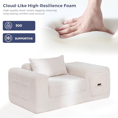Image of MAXYOYO Folding Sofa Couch, Convertible Floor Sofa with Armrest, Multifunctional Sofa with Pillow and Pockets, Boneless Couch for Living Room, Beige