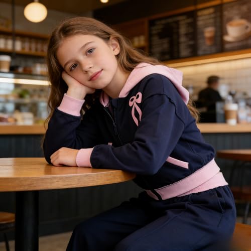 Image of Yoxindax Girls' 2-Piece Clothes Bow Print Zip-Up Hoodie Contrast-Color Wide-Leg Pants Winter 7-14Y Outfits Set