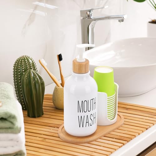Image of Mouthwash Dispenser with Cup Holder, Plastic White Mouth Wash Pump Bottle with Tray for Bathroom Organizers, 17oz Refillable Clear Mouthwash Container