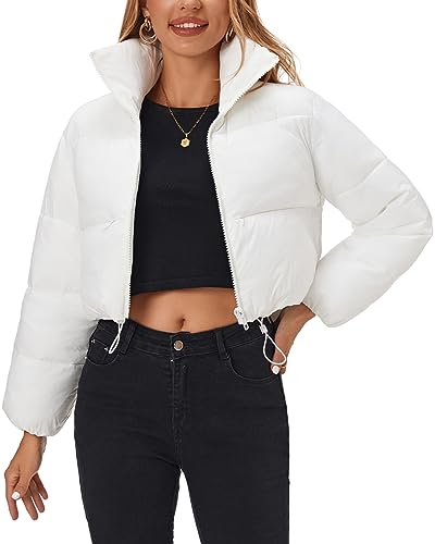 Fuinloth Women's Puffer Jacket, High Stand Collar Zip Pocket Crop Long Sleeve Coat