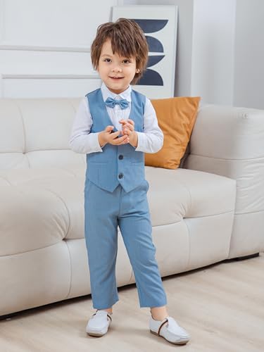 Image of Baby Boys Gentleman Formal Suit Set with Vest, Pant, Shirt, and Bow Tie, Weding 4Pcs Outfit