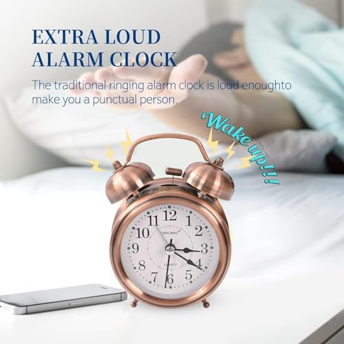 Image of DRONTER Vintage Twin Bell Analog Display Table Alarm Clock with Night LED Light Heavy Slippers Extra Loud Alarm Clock Ideal for Student and Kids Bedroom (Black) (COPPERr), 8x9 Cm