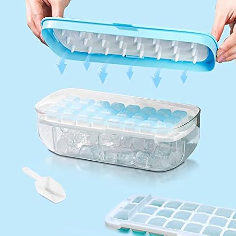 Ice Cube Tray with lid, Food-Grade Silicone Ice Cube Moulds, Release All Ice Cubes in One Second, Reusable 48 Ice Cube Tray(Blue) Cover