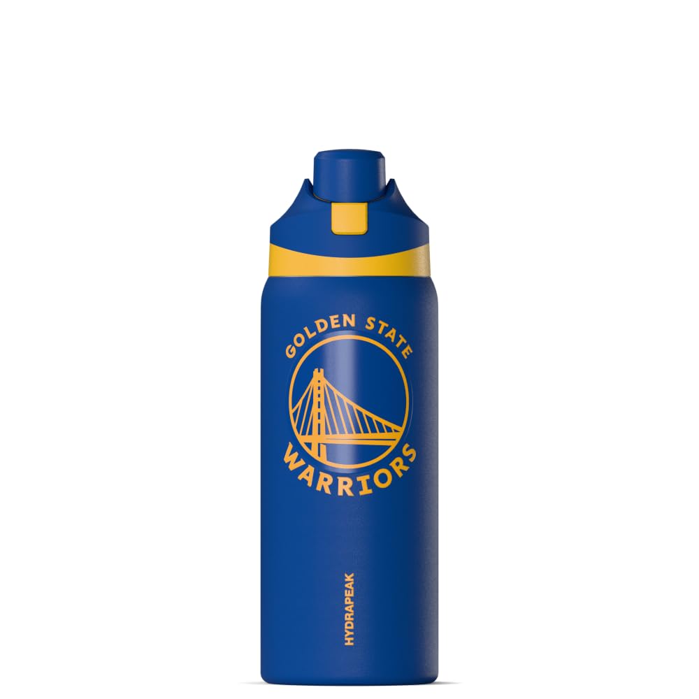 Hydrapeak Officially Licensed NBA Golden State Warriors Oasis 32oz Insulated Water Bottle with Push Button Chug Lid & Handle, Leakproof Stainless Steel Sports Bottle for Gym, Travel