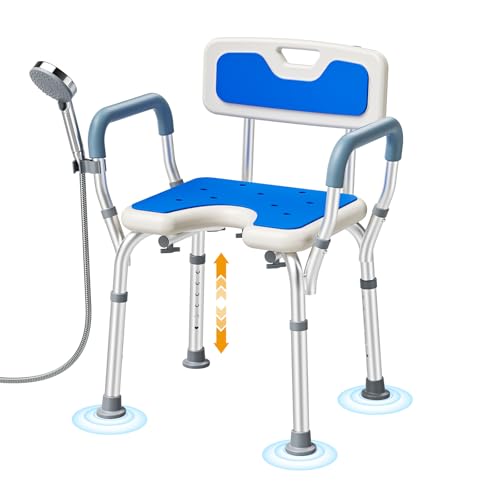 Jradse Siège de Douche avec Accoudoirs et Dossier, Siège de Bain Adjustable Tabouret de Douche Antidérapant Forme U pour Personnes Âgées Handicapées...