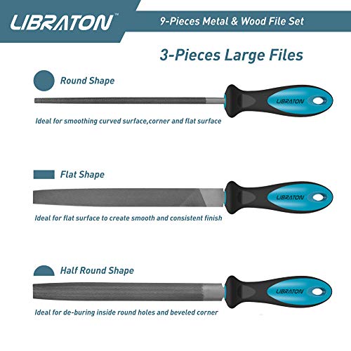 Libraton Metal File Set, Metal Files, 9PCs File Set, with Flat File, Round File, Half Round File and Needle Files of High Carbon Steel for Metal and Wood