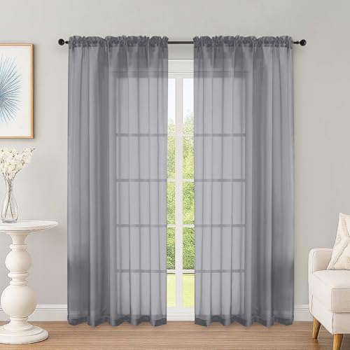 Image of OWENIE Grey Sheer Curtains 72 Inches Long 2 Panels Set, Transparent Voile Sheer Curtain for Living Room Bedroom Window Sliding Glass Door Treatment, 59 x 72 Inch, Grey