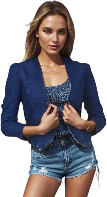 Ootpatang Women's Denim Jacket, Blue, Cropped Style, 3/4 Sleeves, Button Front Closure-picture-14