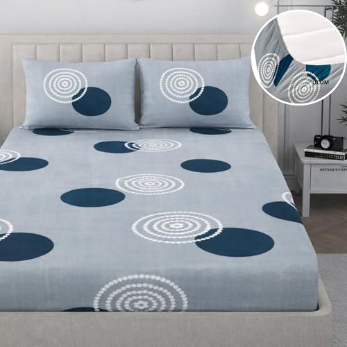 Image of 350 TC Premium Heavy Cotton Feel Elastic Fitted Bedsheet Queen Size with 2 Pillow Covers || Double Bed with All Around Elastic (Gray Gola, Fitted -60x78 Queen)
