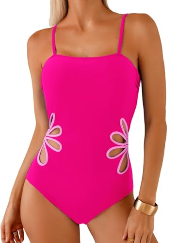 Herseas Women Floral Cutout Wire Free Padded Square Neck One Piece Swimsuits Ruched Adjustable Spaghetti Straps Bathing Suits Casual Beach Outfits for 2026 Summer Rose Red Small