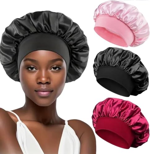 3 Piezas Gorro para Dormir para Pelo Ajustable Gorros de Satén para Dormir Ajustable para Pelo Rizado con Banda Ajustable para Mujeres y Niñas, Rosa, Rojo y Negro.