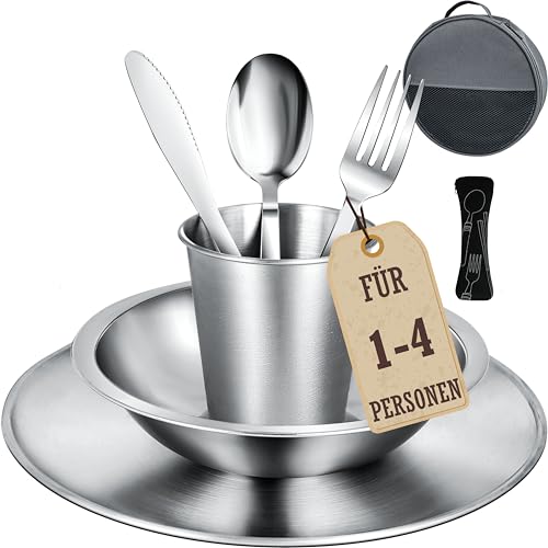 Campingbesteck Set Camping Geschirr Set mit Edelstahl Besteckset Teller Schale und Becher. Inklusive Bestecktasche. Tragbares Geschirrset für Outdoor Picknick Grillen. [9-teiliges für 1 Person]