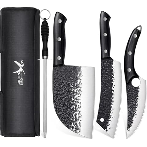 Golden Bird Butcher Knife Set - 4pcs Hand Forged Meat Cleaver Knife & Serbian Chef Knife & Sharp Viking Knife for Meat Cutting, Camping, BBQ, Men's Birthday Gift Cover