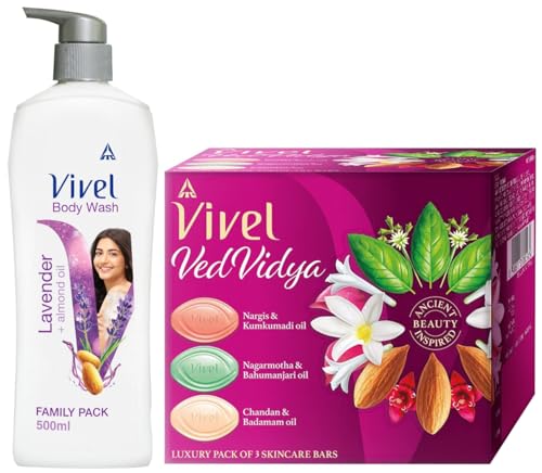 Vivel Body Wash, Lavender & Almond Oil Shower Creme, 500 ml Pump, For women and men & Vivel VedVidya Luxury Pack of 3 Skincare Soaps for all Skin types, 100g Pack of 3
