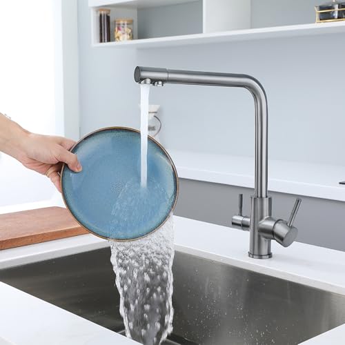 Robinet de cuisine 3 voies pour eau filtrée, mitigeur gris pivotant très pratique - 3