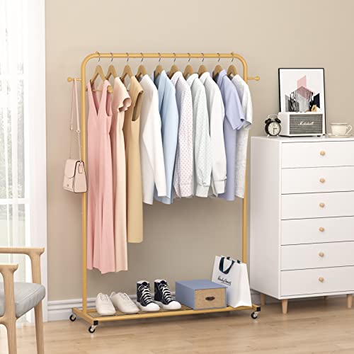 image for Sywhitta Clothes Rack on wheels, Clothing Rack with Bottom Mesh Storag