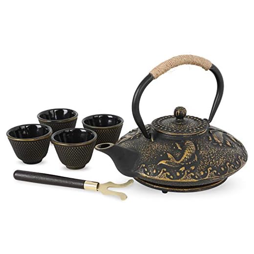 Ufine Koi Fish Cast Iron Teapot Set Stove Top Tea Kettle with 4 Cups Japanese Style Tetsubin Tea Gift Set, 26 oz with Stainless Steel Infuser