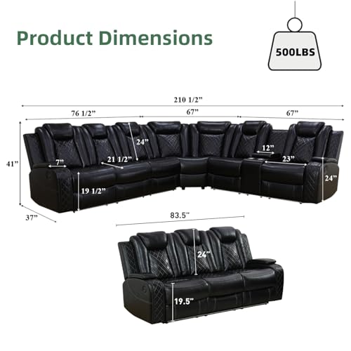 Image of Power Reclining Sectional Couch for Living Room - 4-Seat Power Recliner Sofa, Faux Leather Sectional Recliner, Living Room Sofa Set with LED, USB Ports, Cup Holders, Storage, 500 lb /Seat, Black