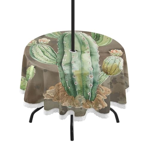 Wajiw 60 Inch Indoor Outdoor Round Tablecloth with Umbrella Hole and Zipper Waterproof Patio Table Cover for Camping Dining Room Party Outdoor Picnic,Cactus