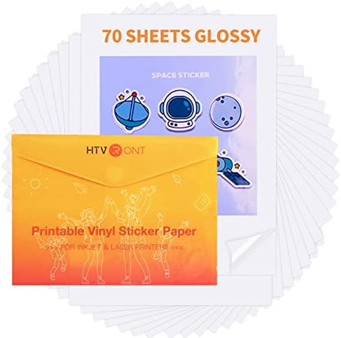 HTVRONT Printable Vinyl Sticker Paper -70 Sheets Glossy Sticker Paper for Inkjet Printer & Laser Printer, Waterproof Sticker Paper Dries Quickly & Tear Resistant,8.5"x11"